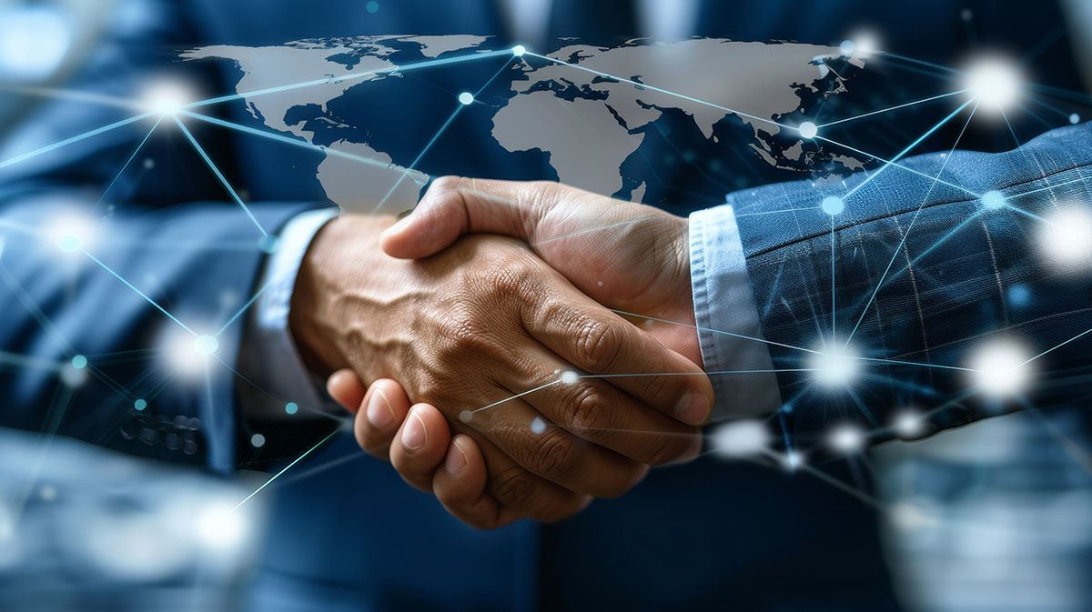 Businessman shaking hands representing global connectivity and s